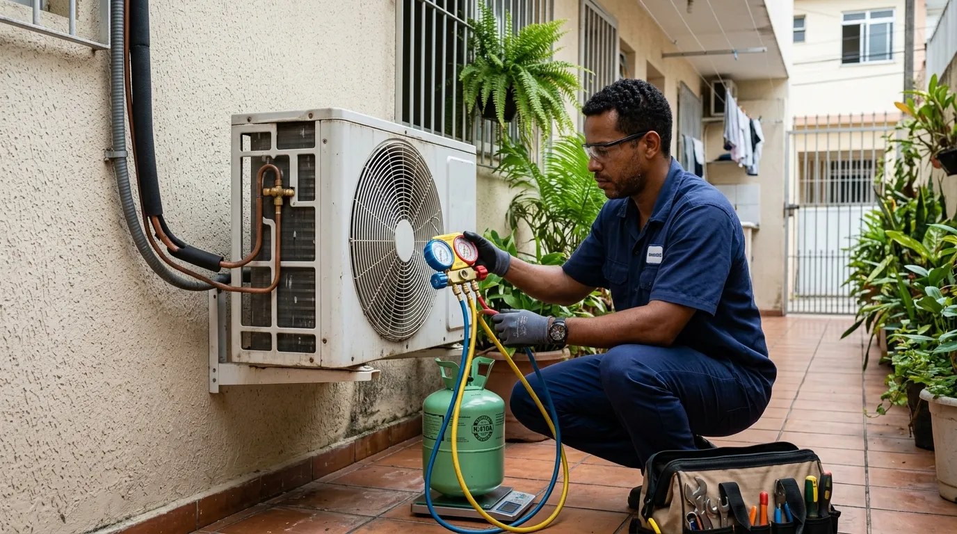Técnico fazendo carga de gás na condensadora do ar-condicionado em Limeira‑SP