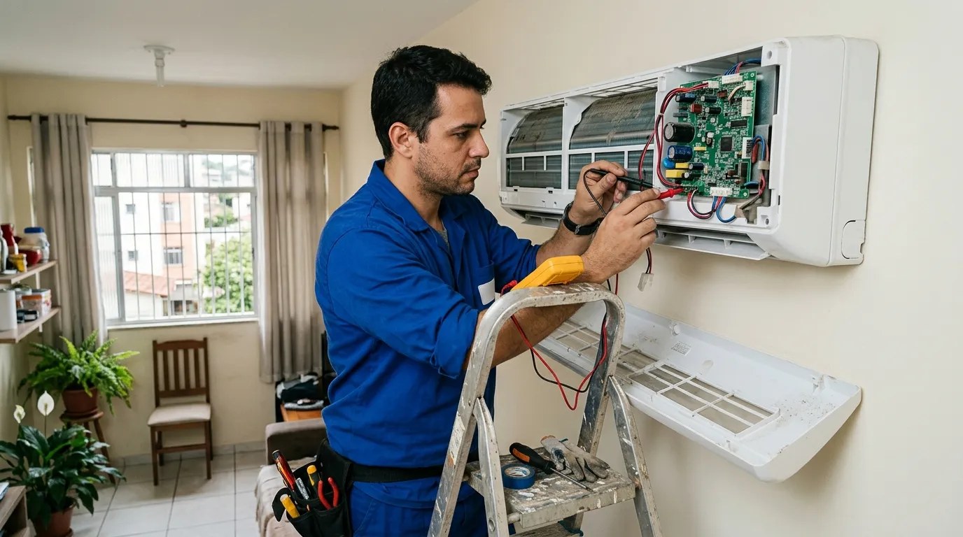 Técnico trocando a placa eletrônica de ar-condicionado split em Limeira‑SP