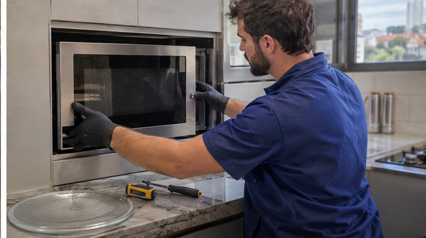 Conserto de micro-ondas de embutir em Limeira‑SP: técnico encaixando o aparelho no armário