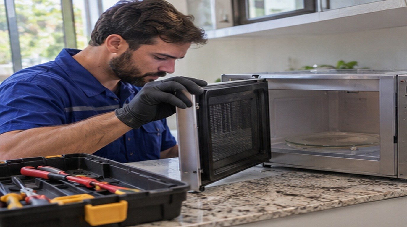 Conserto de micro-ondas em Limeira‑SP: técnico abrindo um micro-ondas de bancada