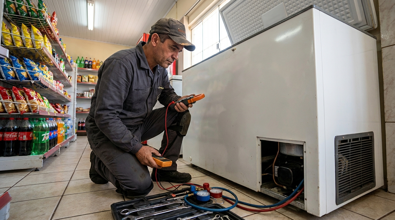 Reparo da placa eletrônica de um freezer em atendimento em Limeira‑SP