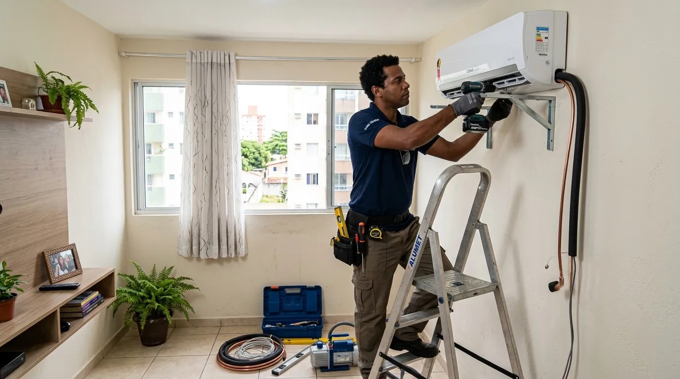 Técnico instalando ar-condicionado split em residência em Limeira‑SP