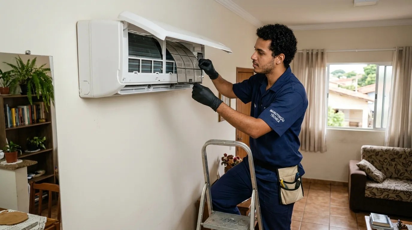 Técnico fazendo limpeza e higienização de ar-condicionado split em Limeira‑SP