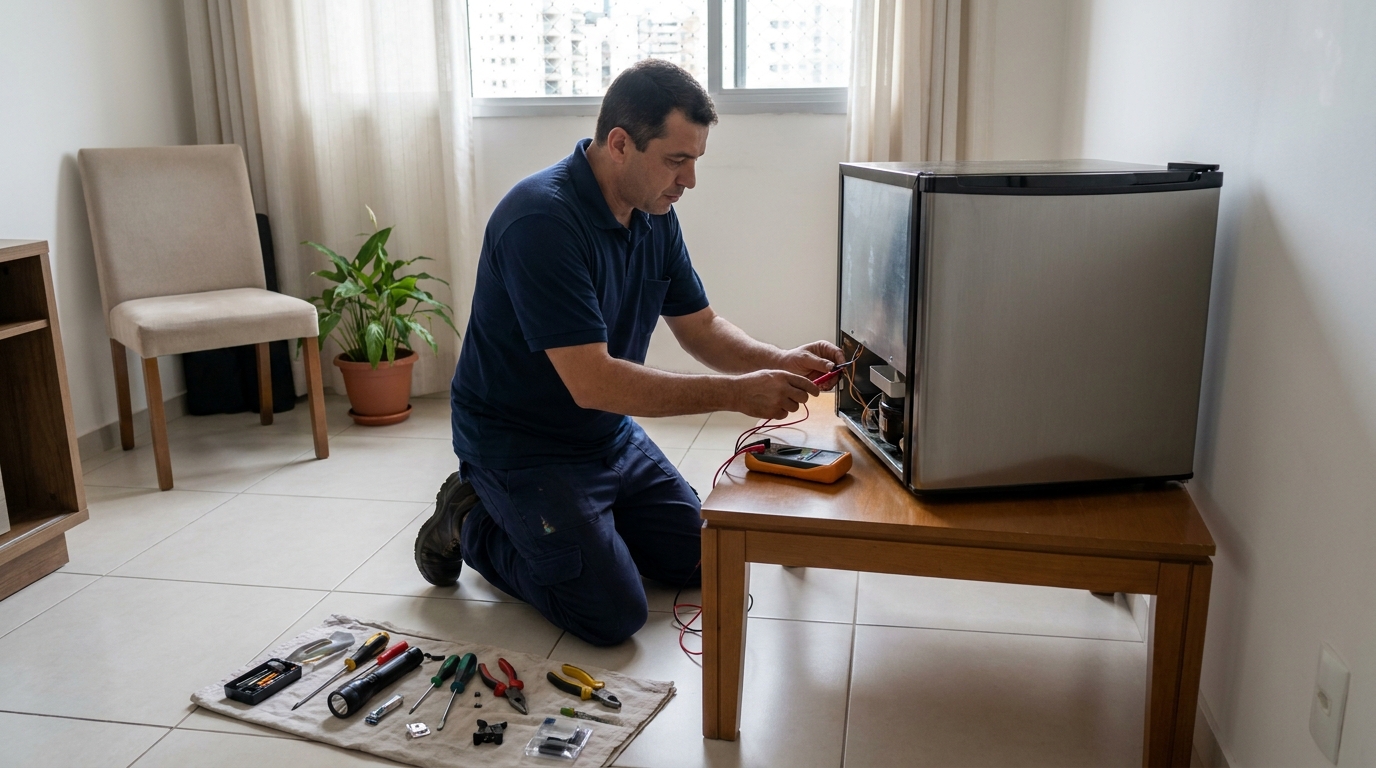 Técnico revisando o motor de um frigobar em Limeira‑SP