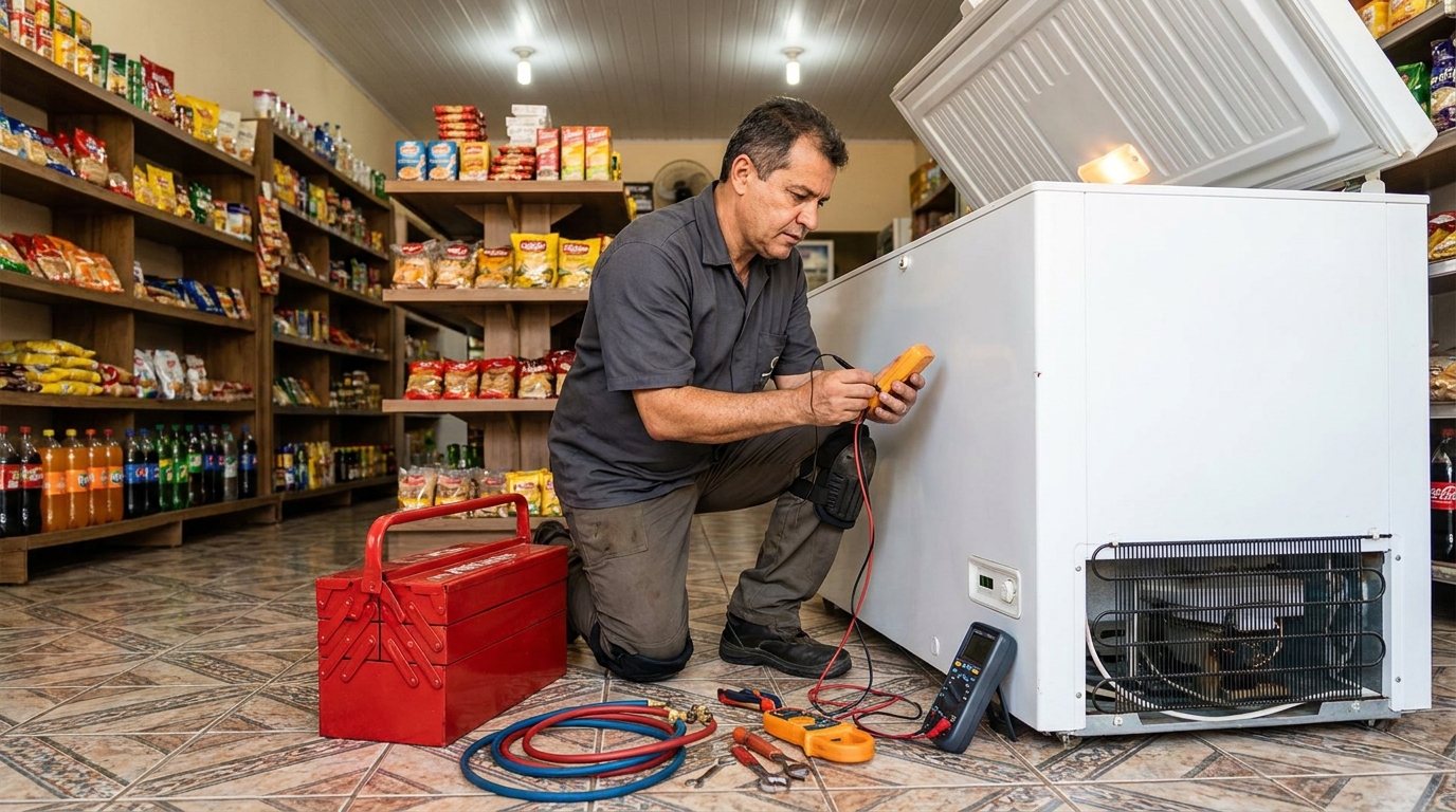 Manômetro conectado ao circuito durante recarga de gás de freezer em Limeira‑SP