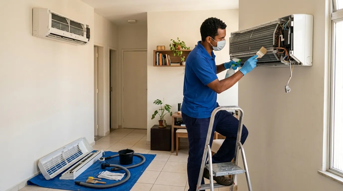 Técnico fazendo manutenção de ar-condicionado split em Limeira‑SP